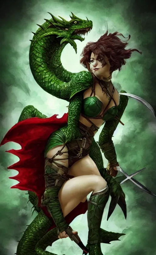 Image similar to epic fantasy d & d female halfling rogue riding on top of a green dragon, green dragon, waterdeep, black hair, red leather corset, cinematic, beautiful lighting, heroic