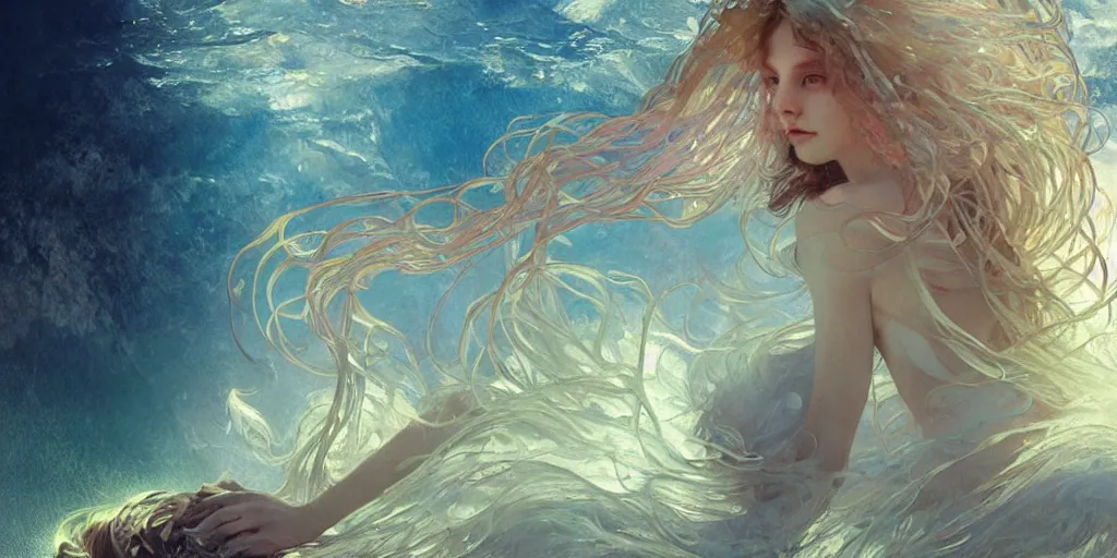 Prompt: Ocean girl with hairs catching fire and floating sharp crystal shards, concept art, art nouveau, Alphonse Mucha, Reylia Slaby, Peter Gric, volumetric lighting