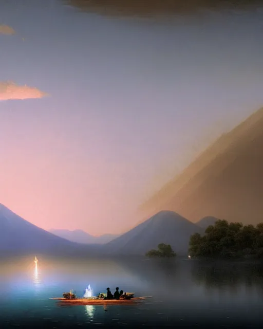 Image similar to a hyper realistic matte painting of the lake lake full of river lanterns, distant mountains, night sky ， clouds, by ohara koson and ivan aivazovsky and stephan martiniere, heavenly lighting, retrowave, 4 k hd wallpaper