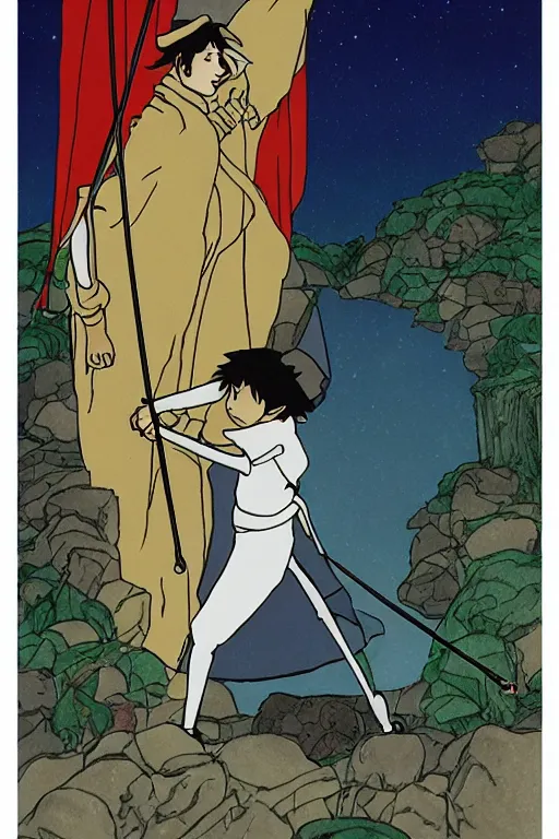 Prompt: the magician tarot card as drawn by studio ghibli, whole card, white frame