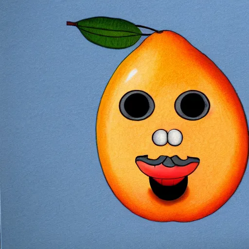Prompt: an angry orange pear with a thick mustache and a white circle around its head, wearing a general\'s uniform, high quality color pencil drawing