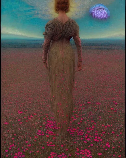 Prompt: A portrait of a woman wearing clothes made out of dying flowers, nuclear explosion in the background, Masterpiece, cyan skin, glowing, wires everywhere, by Edgar Maxence and Ross Tran, Zdzisław Beksiński, and Michael Whelan, distant, gustav dore, H.R. Giger, 8k, octane render