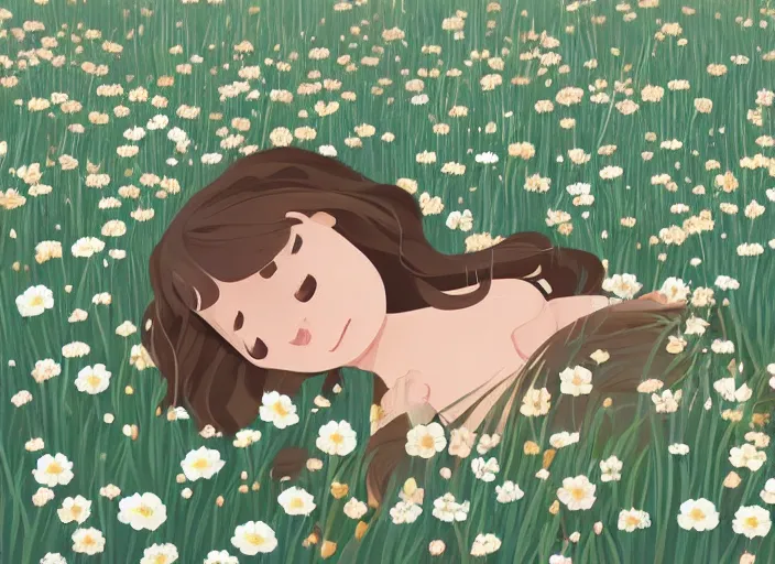 Image similar to a little girl with short wavy curly light brown hair is asleep in a flower meadow. clean cel shaded vector art. shutterstock. behance hd by lois van baarle, artgerm, helen huang, by makoto shinkai and ilya kuvshinov, rossdraws, illustration, art by ilya kuvshinov