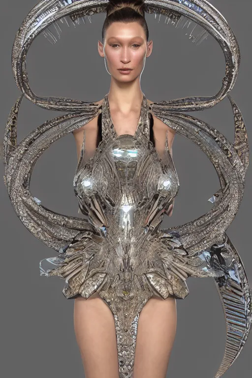 Image similar to a highly detailed metahuman 4 k render close up of an alien goddess bella hadid angel in iris van herpen dress schiaparelli in diamonds swarovski and jewelry in style of alphonse mucha trending on artstation made in unreal engine 4