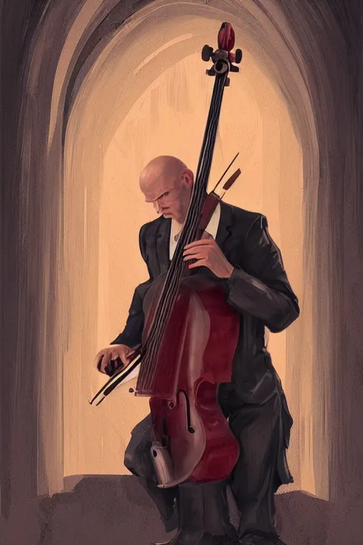 Image similar to an expressive portrait of agent 4 7 playing the cello in a monastery, dark background, red rim light, digital art, artstation, concept art by giger stalenhag