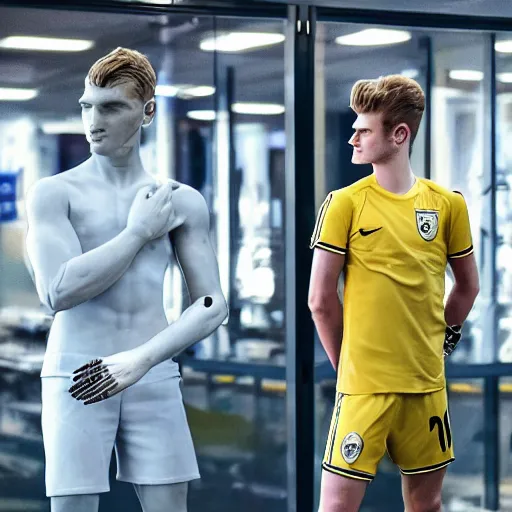 Image similar to a realistic detailed photo of a guy who is an attractive humanoid who is half robot and half humanoid, who is a male android, soccer players martin ødegaard & timo werner, shiny skin, posing like a statue, blank stare, in a factory, on display, showing off his muscles, gold soccer shorts, side view, looking at each other mindlessly