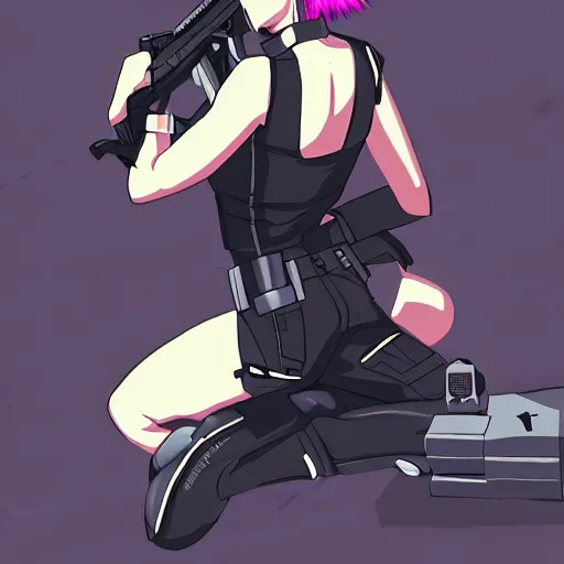 Image similar to Anime Major motoko kusanagi in all black uniform wielding a rifle, digital art