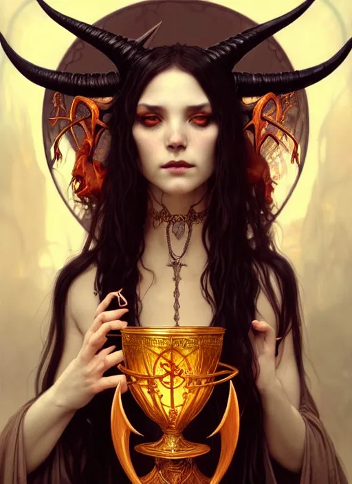 Image similar to a beautiful illustration of a satanic witch with horns in head holding a chalice, intricate, sharp focus, illustration, highly detailed, digital painting, concept art, matte, art by WLOP and Artgerm and Greg Rutkowski and Alphonse Mucha, masterpiece