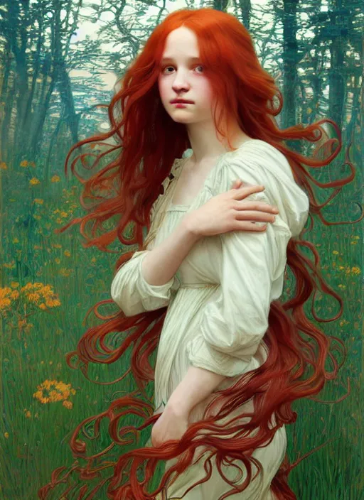 Image similar to pretty young woman resembling alicia vikander with long red hair, half body shot, path traced, highly detailed, high quality, digital painting, by studio ghibli and alphonse mucha, leesha hannigan, hidari, art nouveau, chiho aoshima, jules bastien - lepage