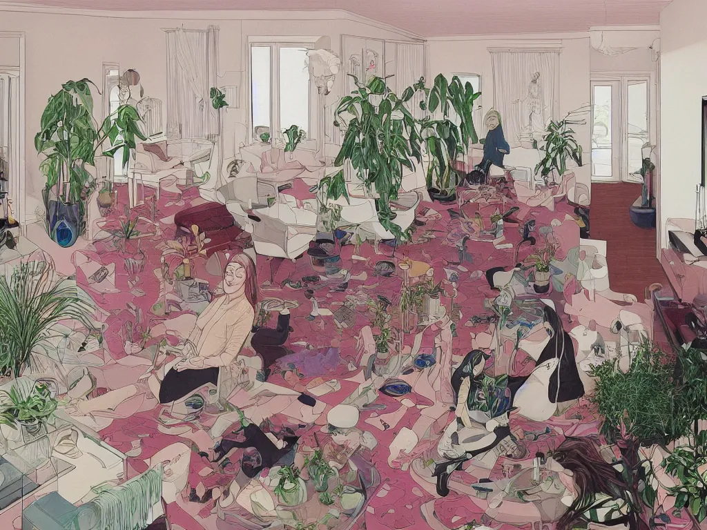 Image similar to realistic detailed image of one woman start to bounce in a living room of a house, floating dark energy surrounds the middle of the room. There is one living room plant to the side of the room, by martine johanna and moebius