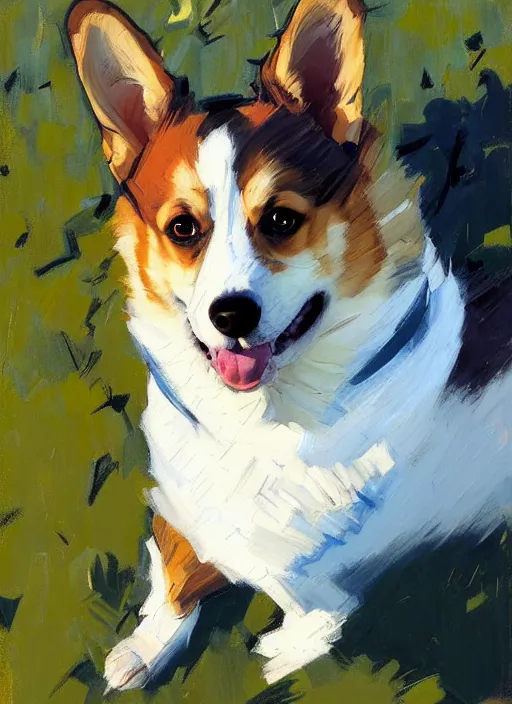 Image similar to Greg Manchess painting of a humanoid Corgi, countryside, calm, fantasy character portrait, dynamic pose, above view, sunny day, artwork by Jeremy Lipkin and Giuseppe Dangelico Pino and Michael Garmash and Rob Rey, very coherent asymmetrical artwork, sharp edges, perfect face, simple form, 100mm