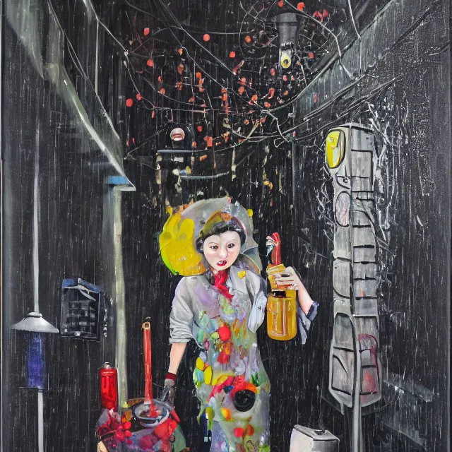 Image similar to a portrait in a dark laneway, a woman holding pancakes, streetlamps, rain, berries dripping, scientific instruments, ikebana, octopus, neo - expressionism, surrealism, acrylic and spray paint and oilstick on canvas