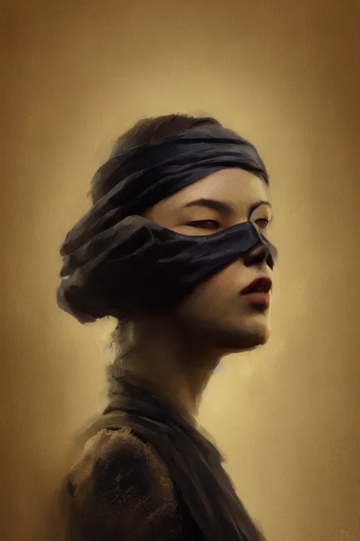 Image similar to a fancy portrait of a blindfolded women by greg rutkowski, sung choi, mitchell mohrhauser, maciej kuciara, johnson ting, maxim verehin, peter konig, 8 k photorealistic, cinematic lighting, hd, high details, dramatic, atmosphereric, trending on artstation