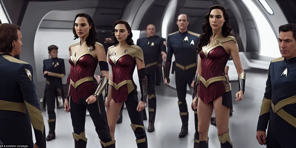 Image similar to Gal Gadot, in full starfleet uniform, is the captain of the starship Enterprise in the new Star Trek movie