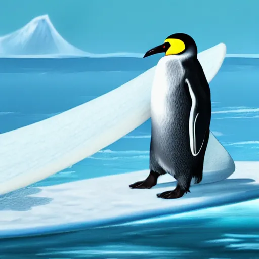 Image similar to emperor penguin surfing riding a big wave using an ice floe as surfboard, trending on artstation