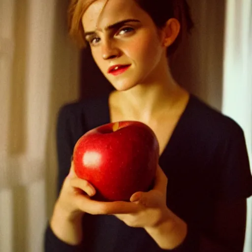 Image similar to Photograph of Emma Watson holding a red apple by the window. Golden hour, dramatic lighting. Medium shot. CineStill