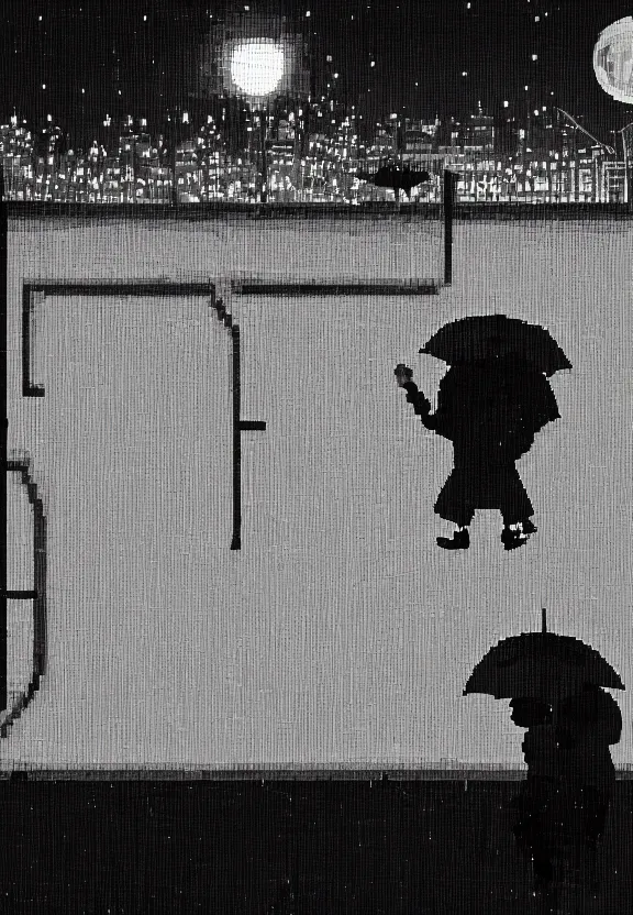 Image similar to little boy holding an umbrella in front of a bar at night, full moon, pixel art, black and white artwork