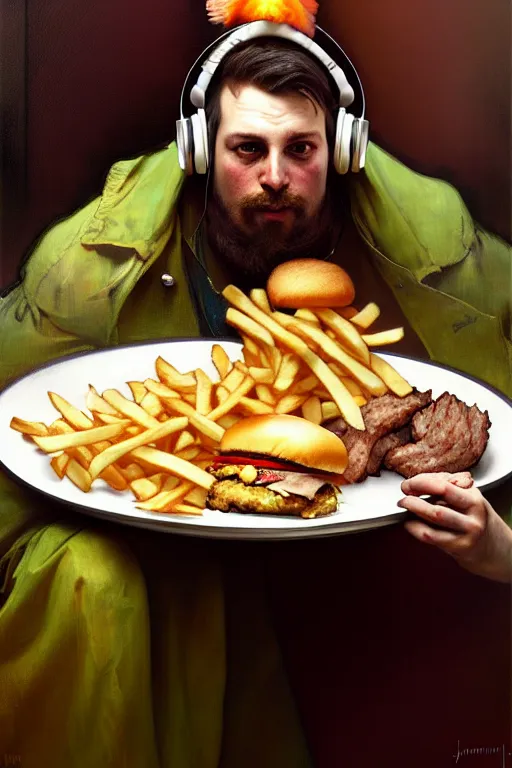 Prompt: hyperrealist portrait of a man with a parrot head and headphones eating from this massive plate filled with hamburgers and fries. by jeremy mann and alphonse mucha, fantasy art, photo realistic, dynamic lighting, artstation, poster, volumetric lighting, very detailed faces, 4 k, award winning