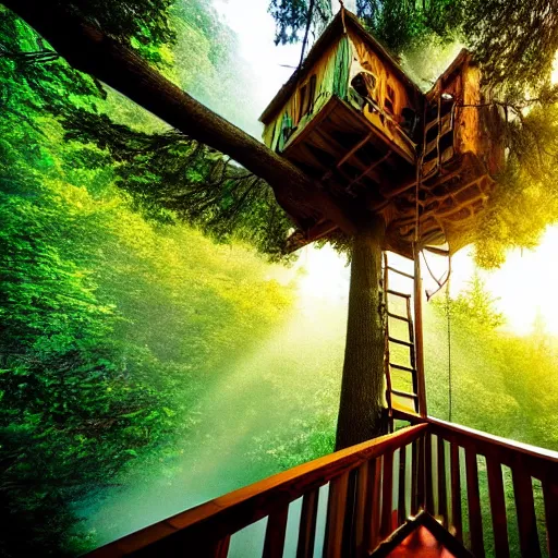 Prompt: A pov in a tree house, photo national geographic, gopro, ultrahd, morning mist, beautiful