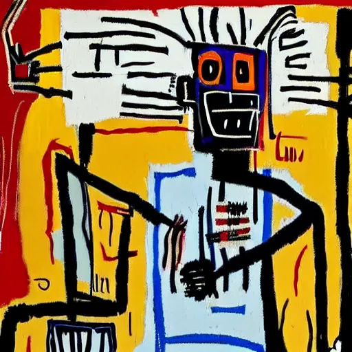 Prompt: a painting by jean - michel basquiat that represents the slave trade in haiti with machines and factories