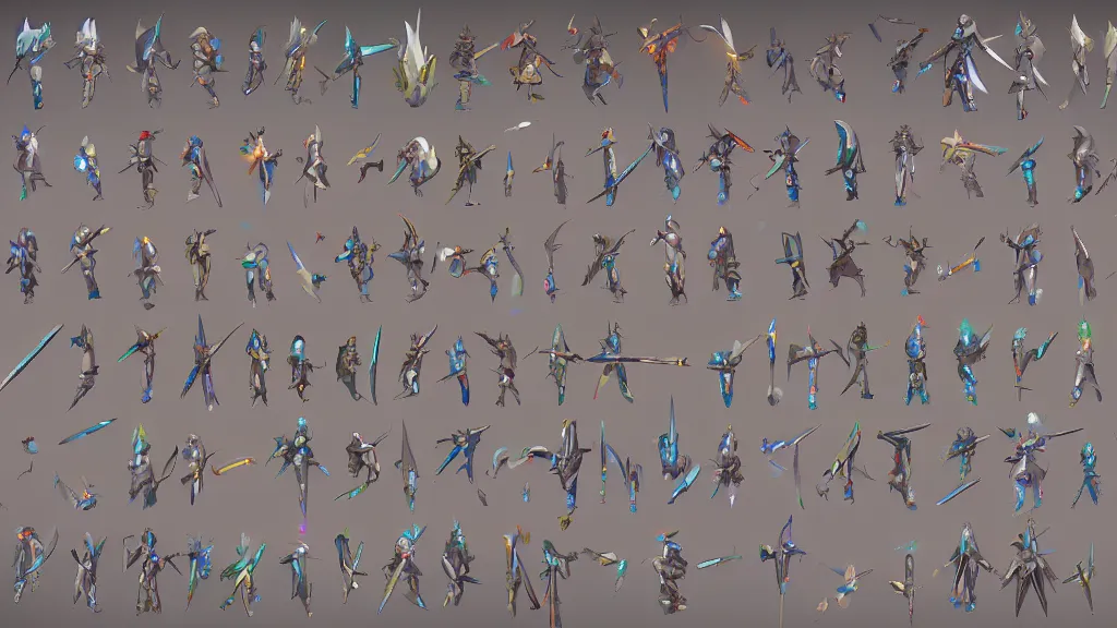 Prompt: sword sprite sheet, rpg iridescent broad sword design, ornament design, handpainted tabletop card game, tabletop game props, full page grid sprite sheet, game assets, asset sheet, sprite sheet, in the style of ArtGerm, Andreas Rocha, Atey Ghailan, Arkhip Kuindzhi