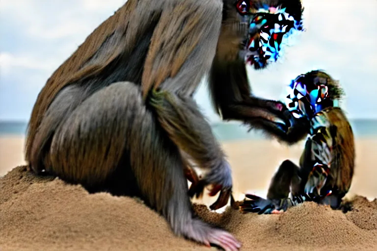 Image similar to a monkey touching a completed sand castle