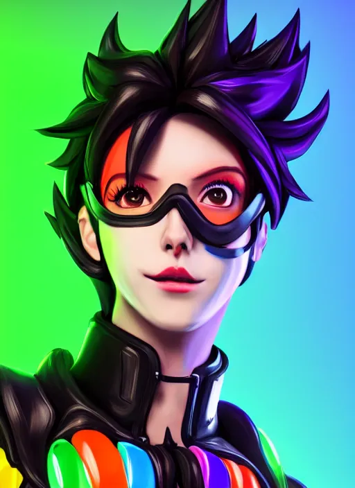 Prompt: full bod digital illustration portrait of tracer overwatch, confident pose, full body, full body, wearing black jagged iridescent rainbow latex armor, rainbow, neon, 4 k, expressive surprised expression, makeup, wearing large rainbow neon choker, studio lighting, acid, trippy, black leather harness, expressive detailed face and eyes,