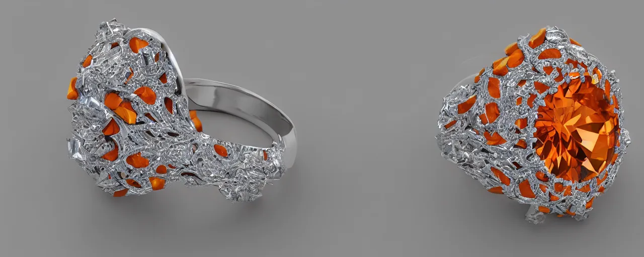 Prompt: simple white gold magic crystal ring, radiant cut, fire, orange, gold, smooth shank, crystal, engravings, diamonds, product design, jewelry, colorful, art by gerald brom, greg rutkowski and artgerm, photo realism, unreal engine, c 4 d