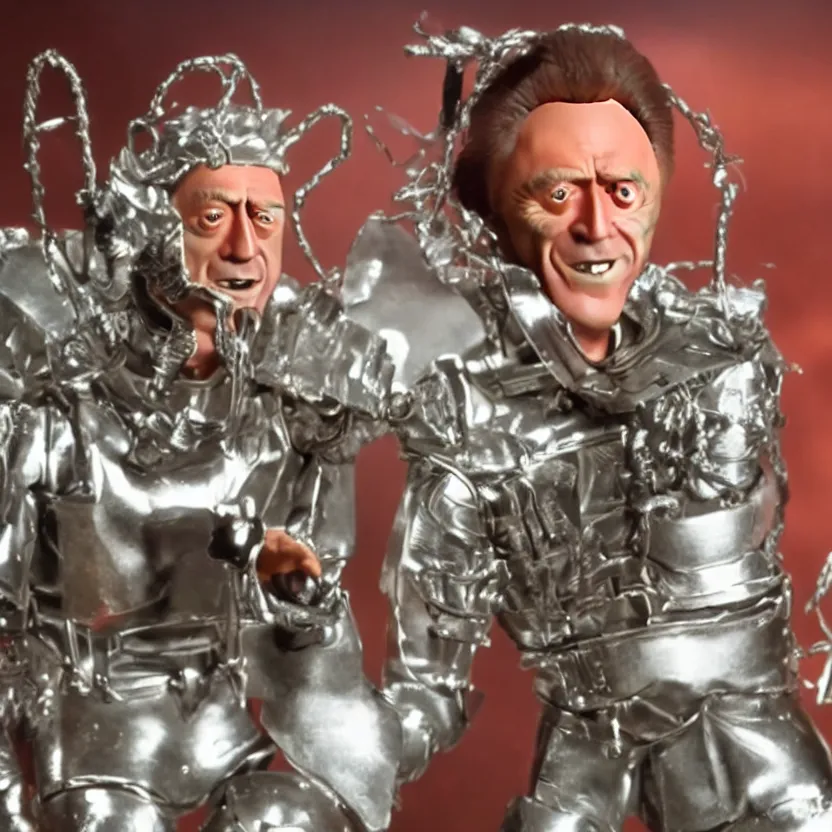 Prompt: a still from a tv commercial for an action figure of happy christopher walken as the tin man from the wiz the movie, singing & dancing, 4 k, highly detailed, award winning, look at all that detail!