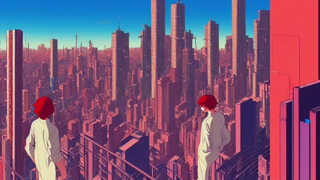 Prompt: chillhop aesthetics city view painting by moebius and satoshi kon and dirk dzimirsky close - up portrait