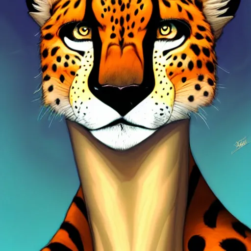 Prompt: don bluth, loish, artgerm, joshua middleton, anthropomorphic cheetah, wearing a track suit, smiling, symmetrical eyes, symmetrical face, colorful animation forest background