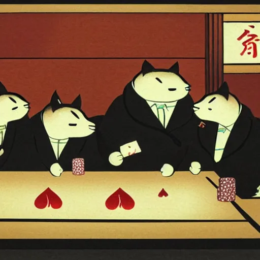 Prompt: fat mobster cats gambling at a table with a single light overhead, smoke fills the room, japanese art style