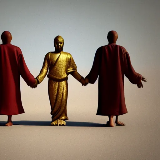 Prompt: Jesus, the Buddha and Muhammad holding hands, the world is at peace, 3d render, octane render, 8k, highly detailed,