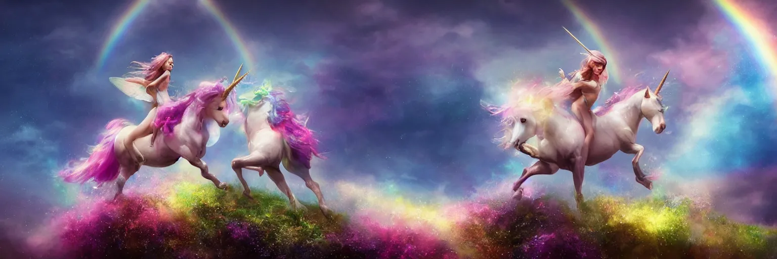 Image similar to a fairy riding a unicorn on the top of a rainbow, pastel tones, sparkles, glitter, octane render, 8k, flat brush, matte painting, trending on artstation, by Antonio J. Manzanedo