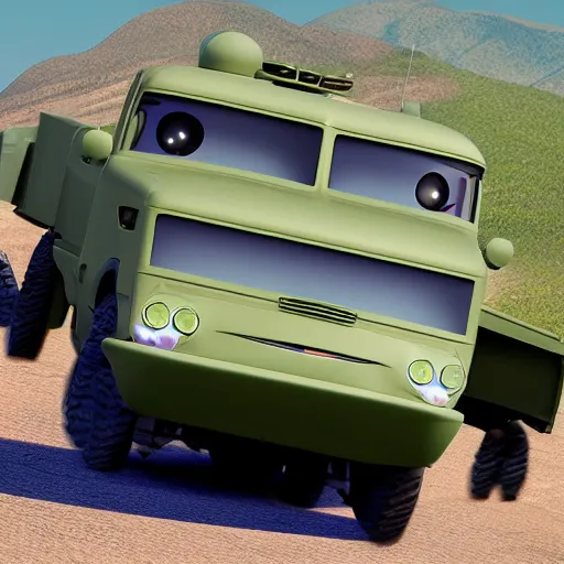 Prompt: himars mrls in cars pixar movie by disney