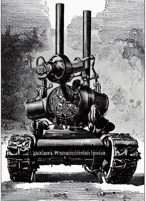 Image similar to 19th century wood-engraving of a steam powered Renault FT tank with no person around, whole page illustration from Jules Verne book, art by Édouard Riou Jules Férat and Henri de Montaut, high quality, beautiful, highly detailed, removed watermarks