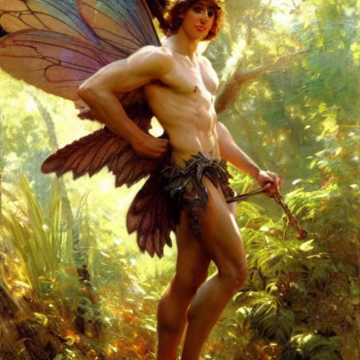 Image similar to attractive male fairy with wings in the forest, posing. highly detailed painting by gaston bussiere, craig mullins, j. c. leyendecker, 8 k