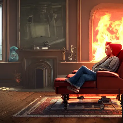 Image similar to Lonely and depressed robot reclining on a fainting couch in front of a cozy fire in a large fireplace in a Victorian home in the future, octane render, extremely detailed, cinematic lighting, 8k, lens flare, cinematic movie photograph, closeup portrait, trending on artstation, cgsociety, award-winning art, by Simon Stalenhag