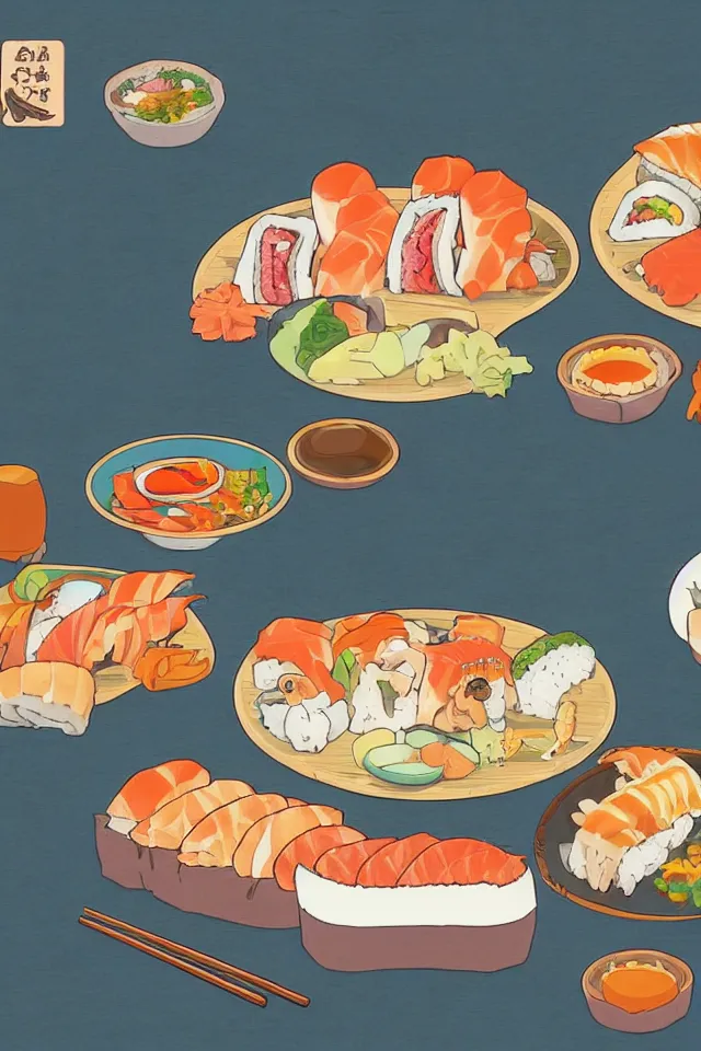 Prompt: a portrait of a shiba inu dog eating sushi in a sushi carousel restaurant, in the art style of studio ghibli, artistic, colorful palette, highly detailed