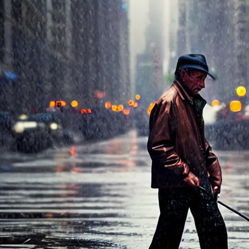 Prompt: closeup portrait of a man fishing in a rainy new york street, photography, natural light, Steve McCurry