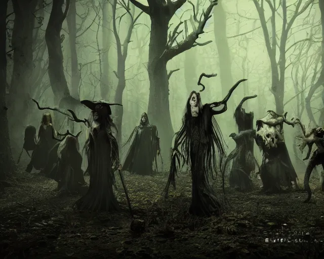 Image similar to the scariest witches surrounded by horror creatures in the scariest dark forest, epic scene, dark, scary, horror, frightening, fantasy, cinematic, redshift render, cgi, hyper - detailed, photo - bash, 8 k post - production, masterpiece