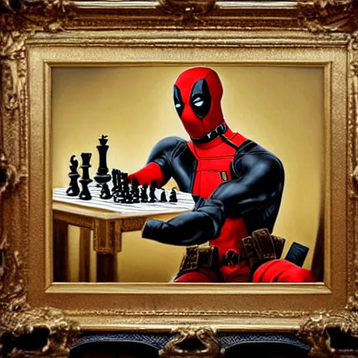 Image similar to deadpool playing chess looking wise, rococo oil painting, highly detailed