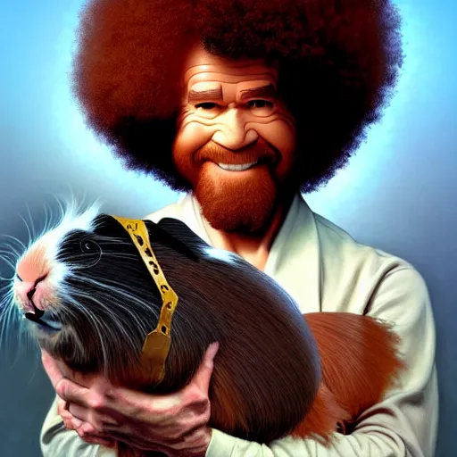 Image similar to bob ross!!! riding!!! a guinea pig!!, giant afro!, model pose, ultra realistic, concept art, intricate details, highly detailed, photorealistic, octane render, 8 k, unreal engine. art by artgerm and greg rutkowski and alphonse mucha