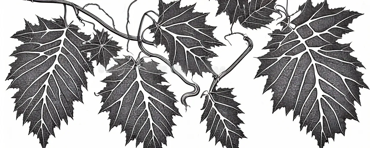 Image similar to a full page schematic diagram illustration of a vine leaf with an oak acorn, ultra detailed, 4 k, intricate, encyclopedia illustration, fine inking lines