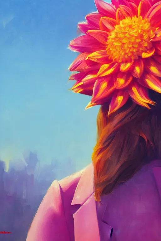 Image similar to closeup giant dahlia flower head, girl in a suit, street, surreal photography, blue sky, sunrise, dramatic light, impressionist painting, digital painting, artstation, simon stalenhag