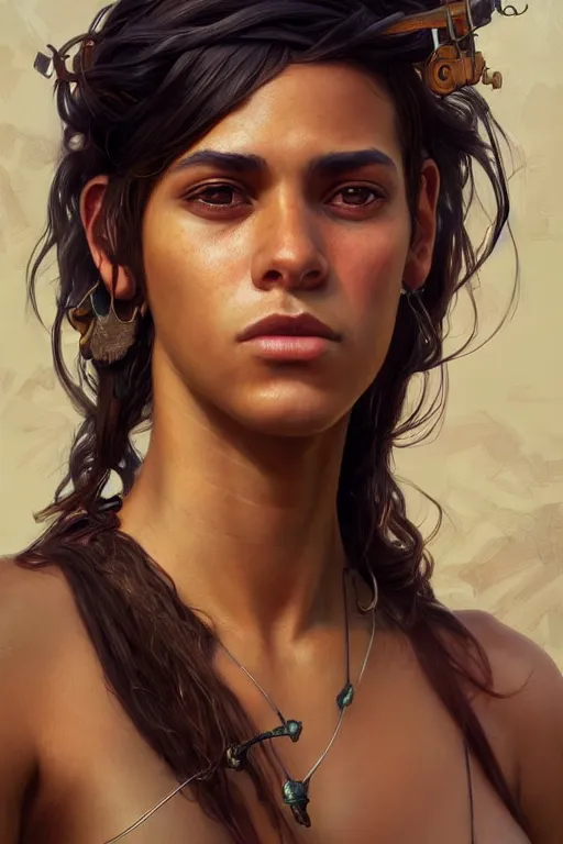 Image similar to photorealistic portrait of a young butch solarpunk cuban woman, handsome, female, masculine, upper body, fantasy, fierce, sharp features, intricate, elegant, highly detailed, digital painting, artstation, concept art, matte, sharp focus, illustration, art by artgerm and greg rutkowski and alphonse mucha