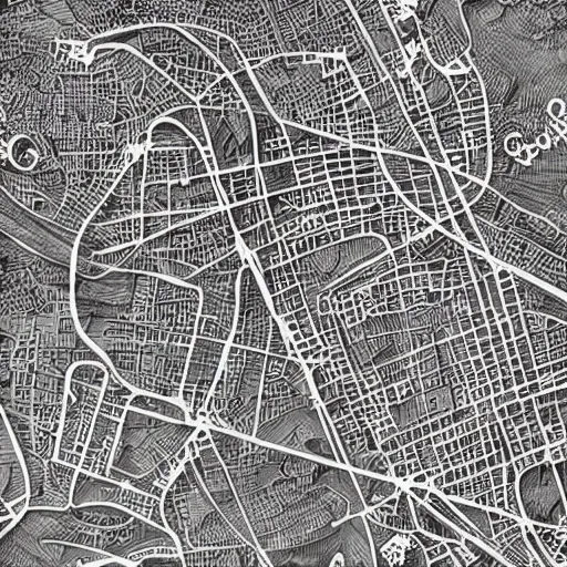 Image similar to very detailed and intricate grotosque jakarta map - by fullermap