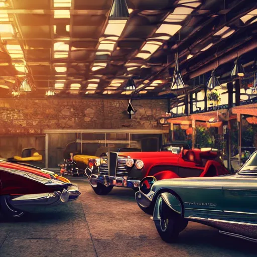 Prompt: parked retro futuristic vintage shiny polished cars and motorcycles at a bar, volumetric lighting, beautiful, day time, summer, sunny weather, sharp focus, highly detailed, cgsociety