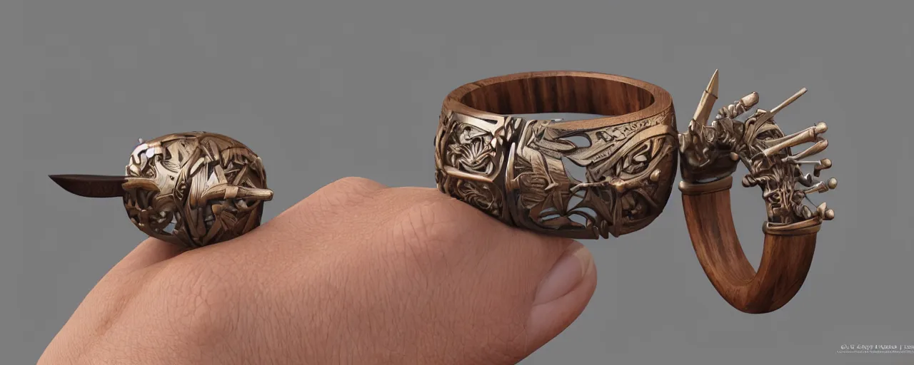 Image similar to wooden ring with a sword ornament, ring, wood, steel, sword, smooth shank, engravings, product design, jewelry, art by gerald brom, greg rutkowski and artgerm and james jean and zdzisław beksinski, 8 k, unreal engine, c 4 d