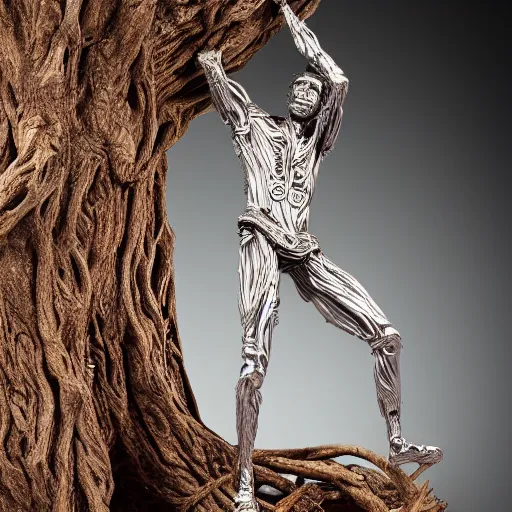 Image similar to a human man statue stuck in a cosmic tree, a sense of awe, amazement, monogon, plasma display, wooden, silver, mercury, damascus, armature wire, multiscopy, morph, in a symbolic and meaningful style, insanely detailed and intricate, hypermaximalist, elegant, ornate, hyper realistic, super detailed,